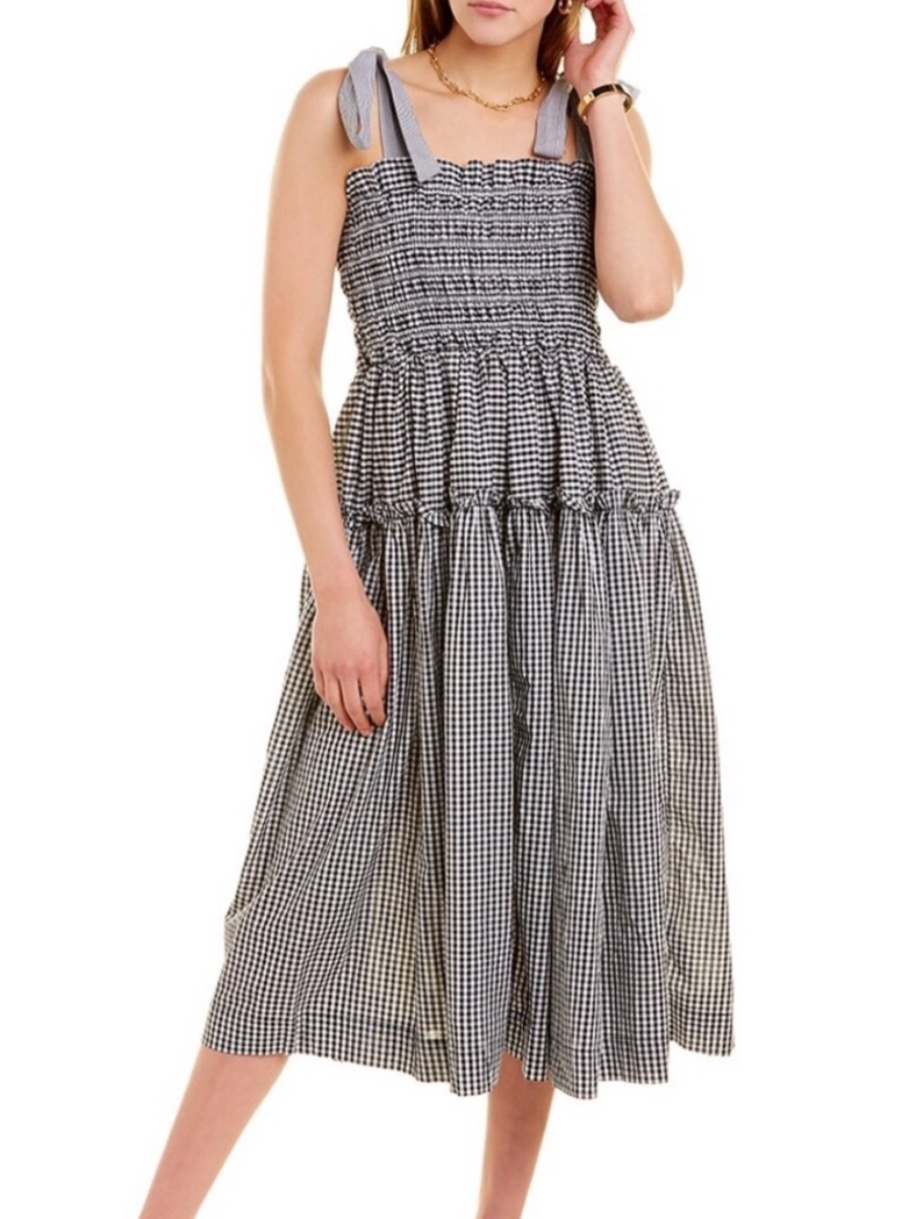 En Saison Black & White Gingham Smocked Midi Dress with Tie Straps